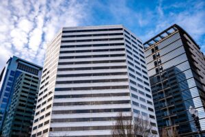 office buildings with the sky behind